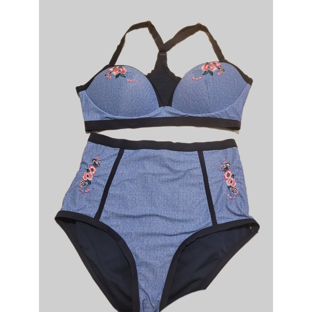 Blue Floral Embroidered Underwire Bra Set with High-Waisted Panty